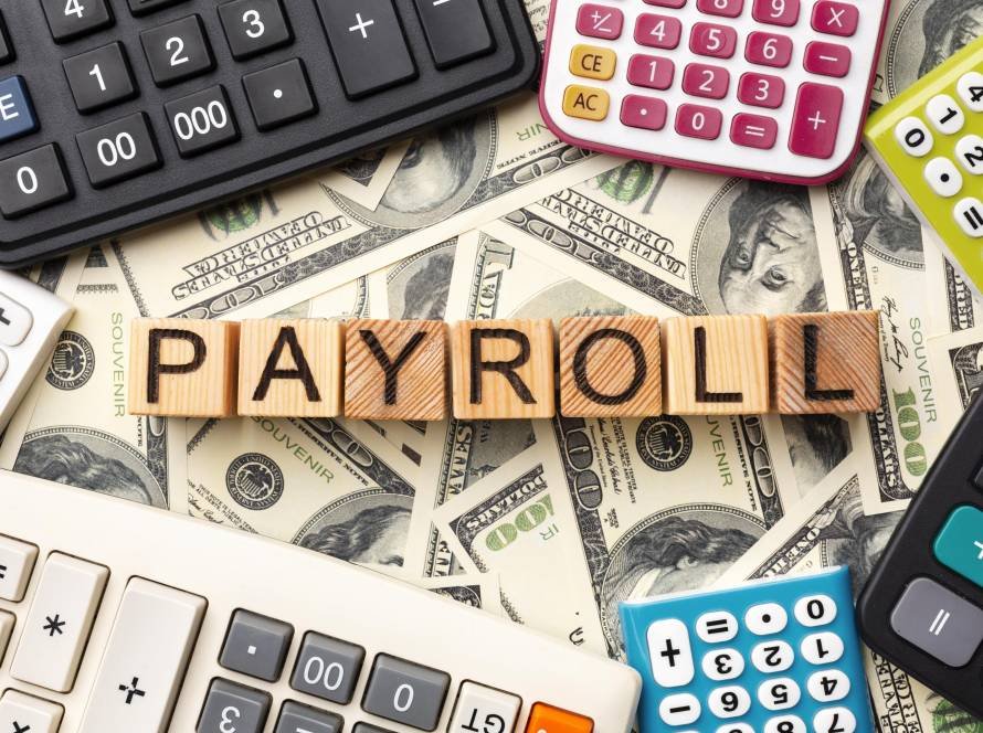 top view payroll concept with cash